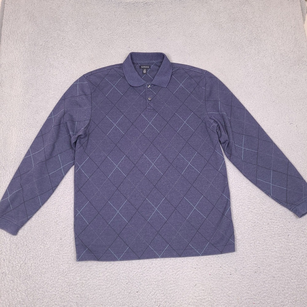 Van Heusen Mens Long Sleeve Polo Shirt Large Blue Diamond Grid Knit